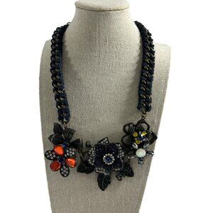 Plunder Anny Necklace Antique Gold Tone Statement Flowers Rhinestones 14 in
